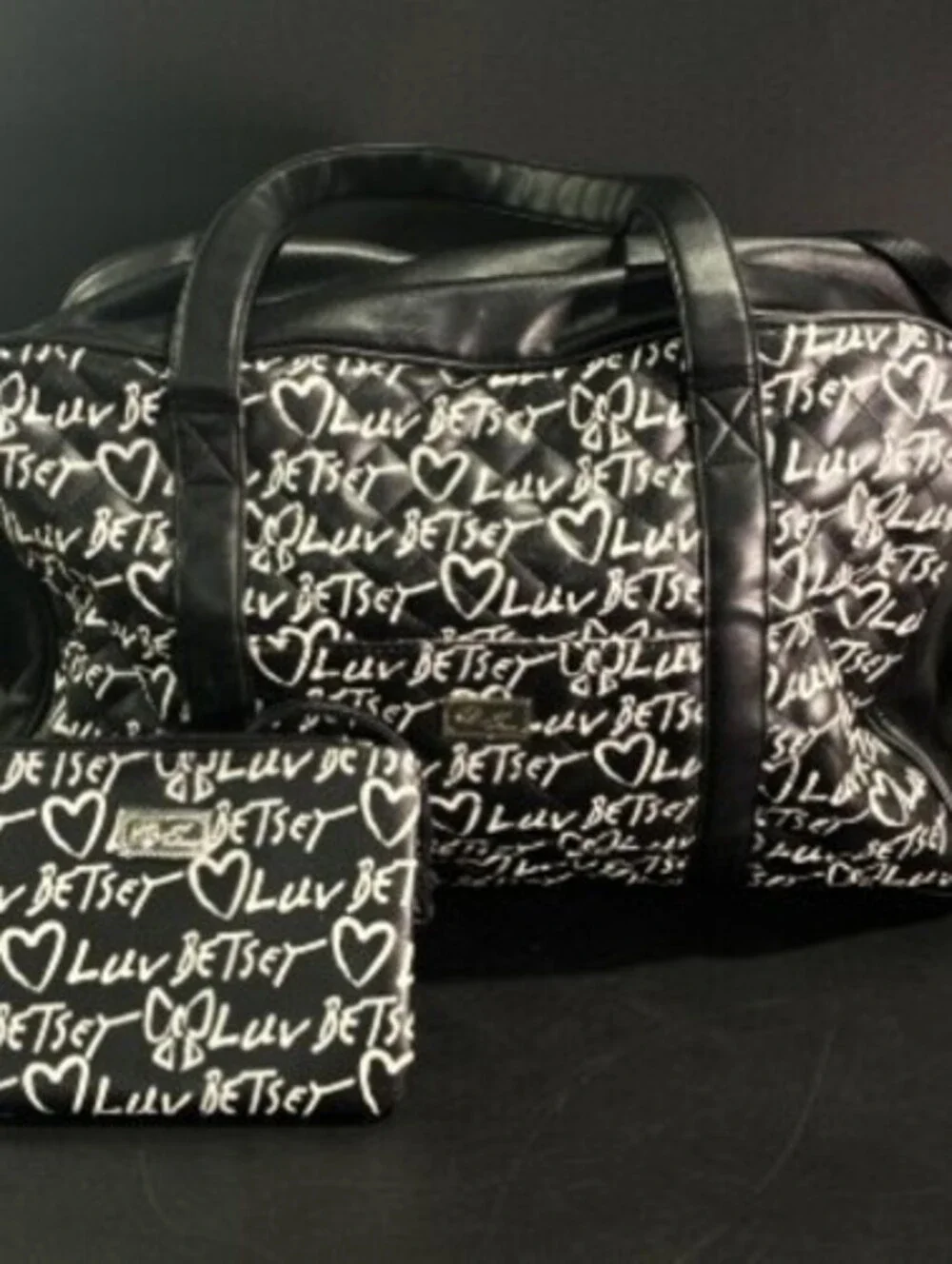 Betsey Johnson Black and White Luv Betsey Weekender Bag with Matching Pouch